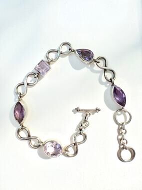 Pink Amethyst Sterling 925 Silver Chain Link Handmade Bracelet 8 inch